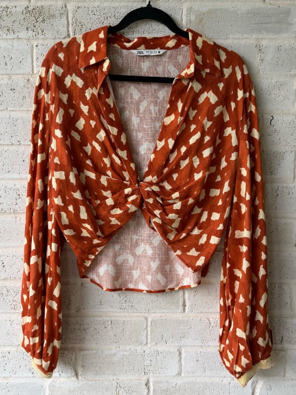 Zara Linen Blend Printed Wrap Crop Top Terracotta And Cream side zip closure